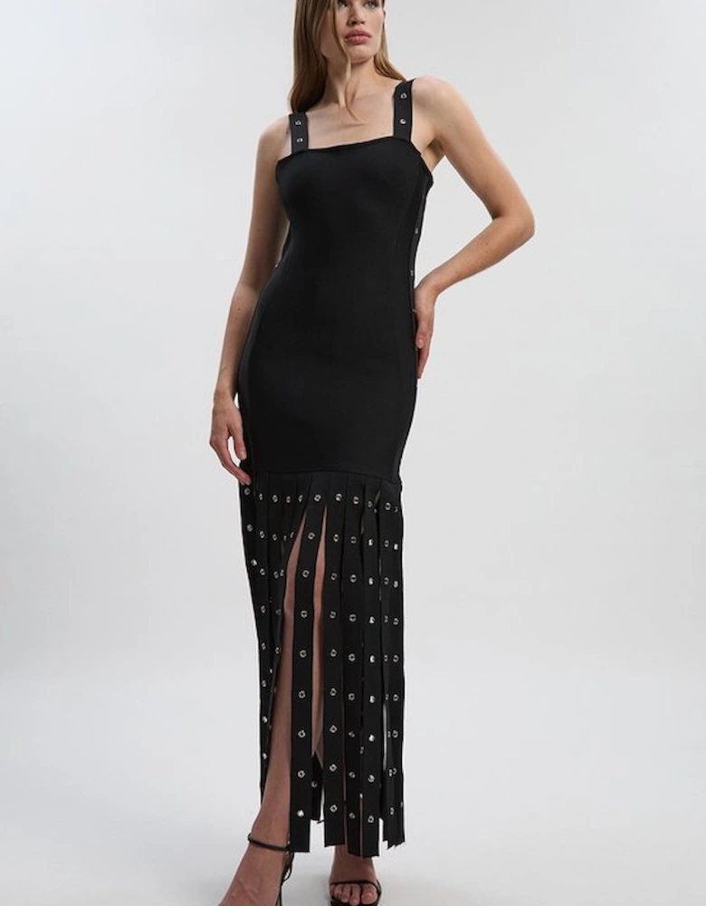Strappy Eyelet Detail Fringe Figure Form Midi Dress