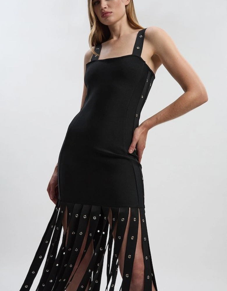 Strappy Eyelet Detail Fringe Figure Form Midi Dress