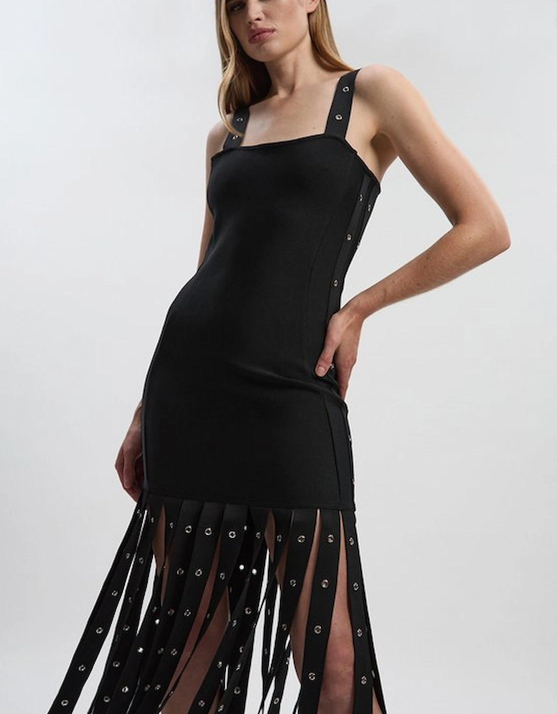 Strappy Eyelet Detail Fringe Figure Form Midi Dress