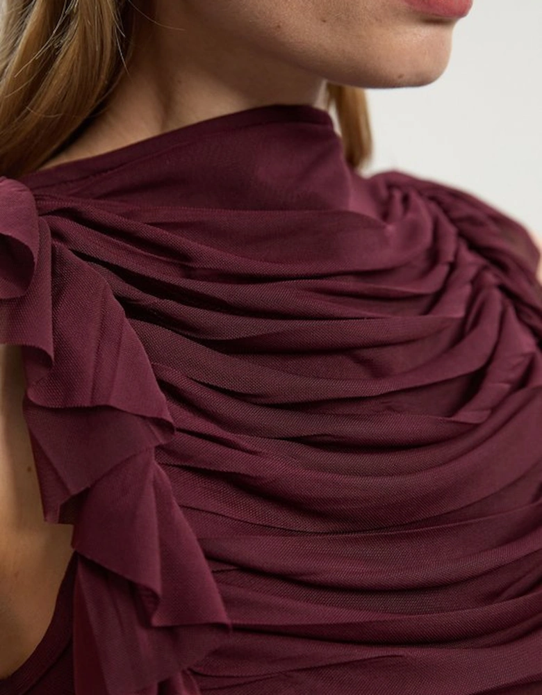 Bandage Mesh Gathered Ruffle Knit Top