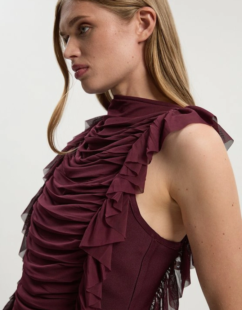 Bandage Mesh Gathered Ruffle Knit Top