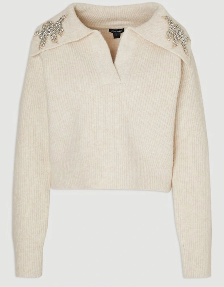 Embellished Cosy V Neck Collar Knit Jumper
