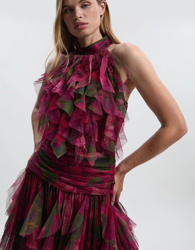 Rose Floral Tulle Halter Neck Woven Maxi Dress