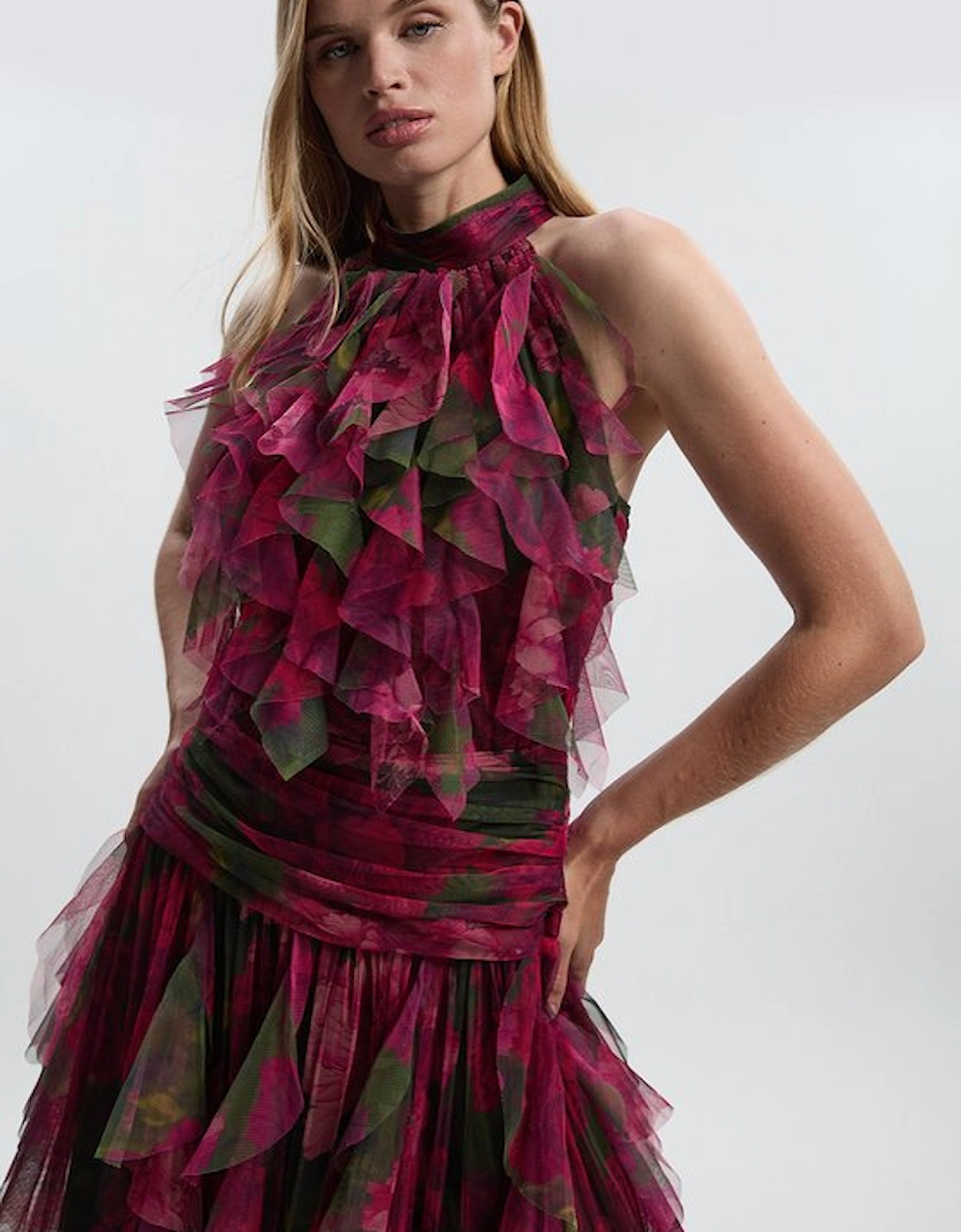 Rose Floral Tulle Halter Neck Woven Maxi Dress