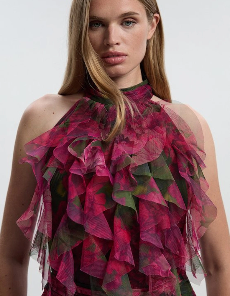 Rose Floral Tulle Halter Neck Woven Maxi Dress