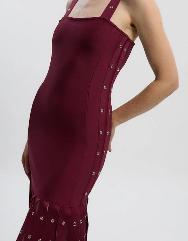 Strappy Eyelet Detail Fringe Figure Form Midi Dress