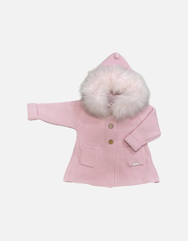Girls Pink Knit Fur Trim Cardigan