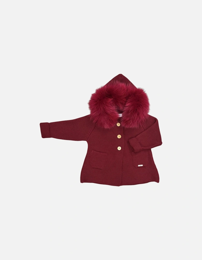 Girls Dark Red Knit Fur Trim Cardigan