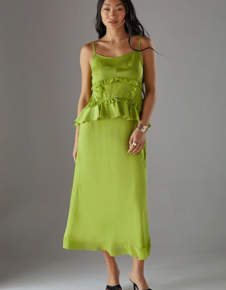 Petite Satin Strappy Seam Detail Peplum Midi Dress