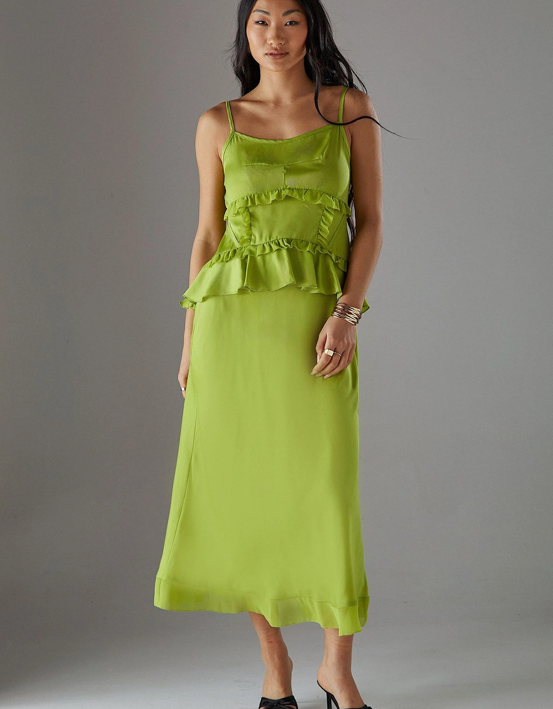 Petite Satin Strappy Seam Detail Peplum Midi Dress, 2 of 1