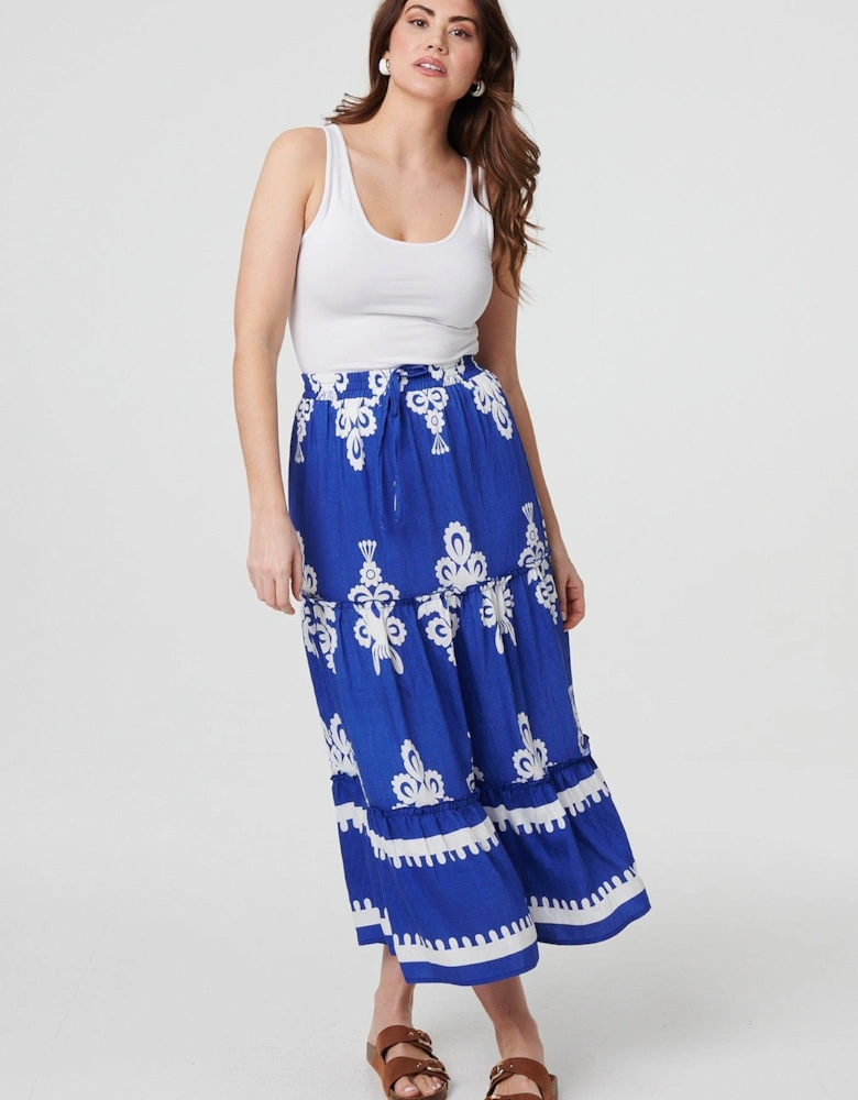 Ikat Print Tiered High Waist Midi Skirt