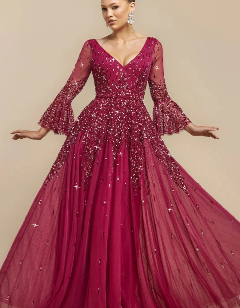 Sunray Sequin A Line Bell Sleeve Maxi Dress