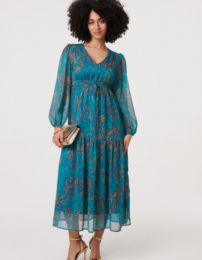 Leaf Print Sheer Tie Waist Maxi Dress