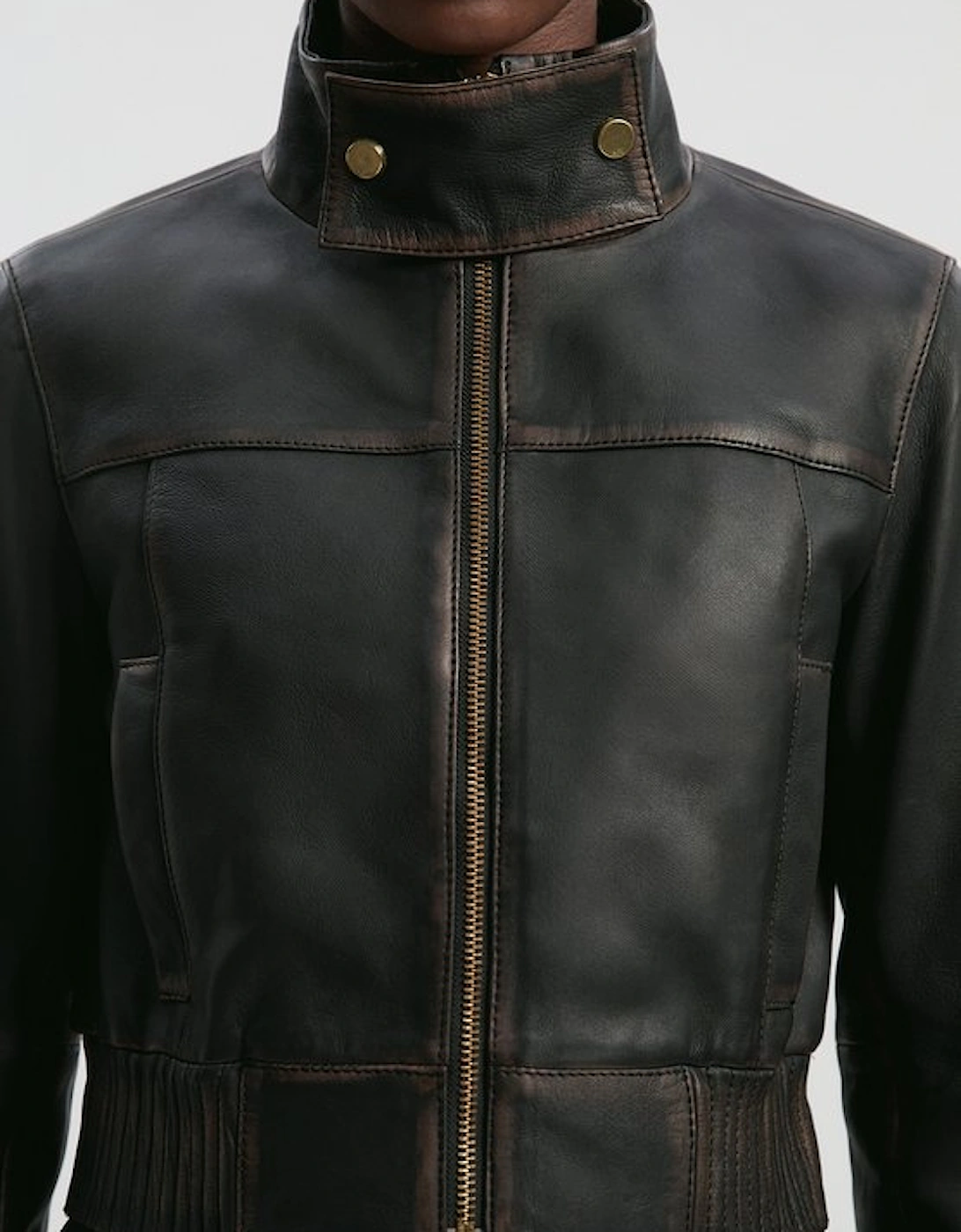 Leather Washed High Neck Zip Through Jacket