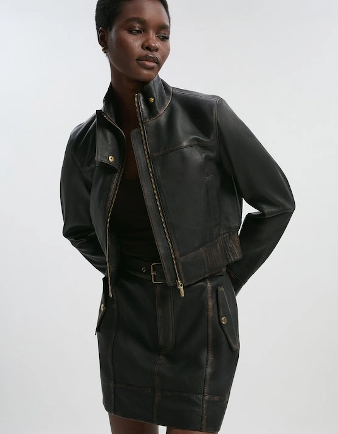 Leather Washed High Neck Zip Through Jacket