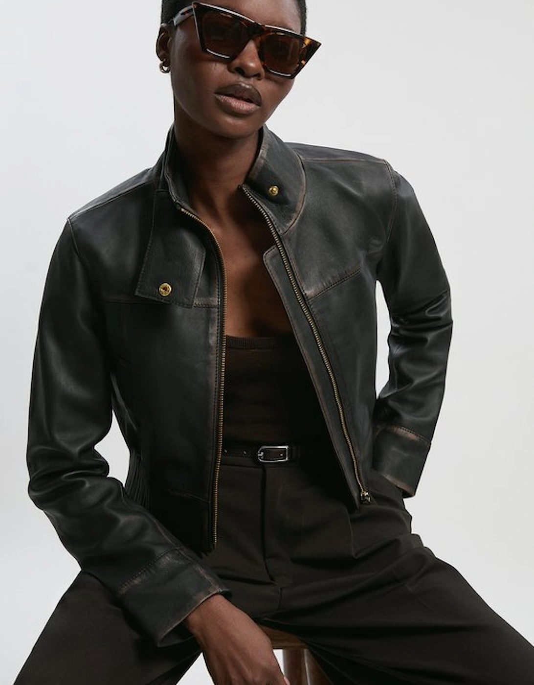 Leather Washed High Neck Zip Through Jacket, 2 of 1