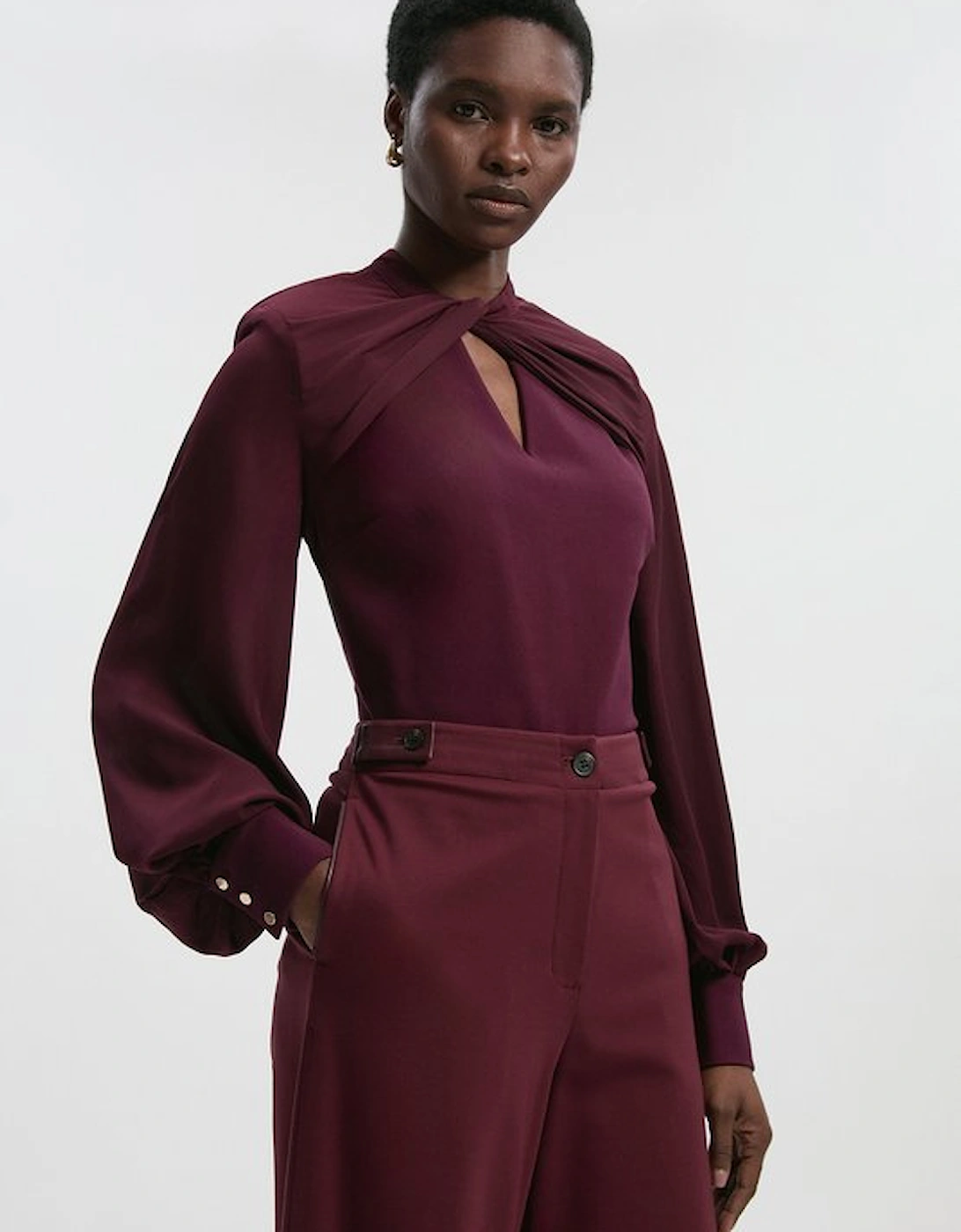 Petite Ponte And Georgette Mix Balloon Sleeve Cut Out Detail Top, 2 of 1