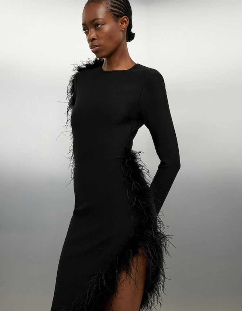 Petite Figure Form Bandage Knit Split Feather Hem Maxi Dress