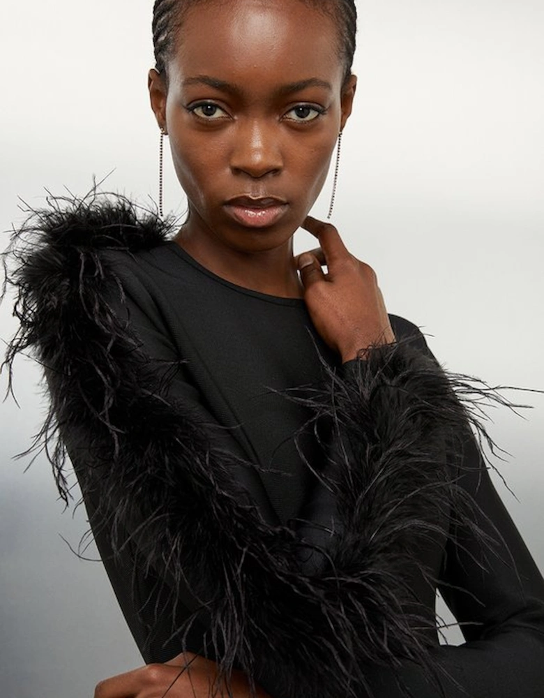 Petite Figure Form Bandage Knit Split Feather Hem Maxi Dress