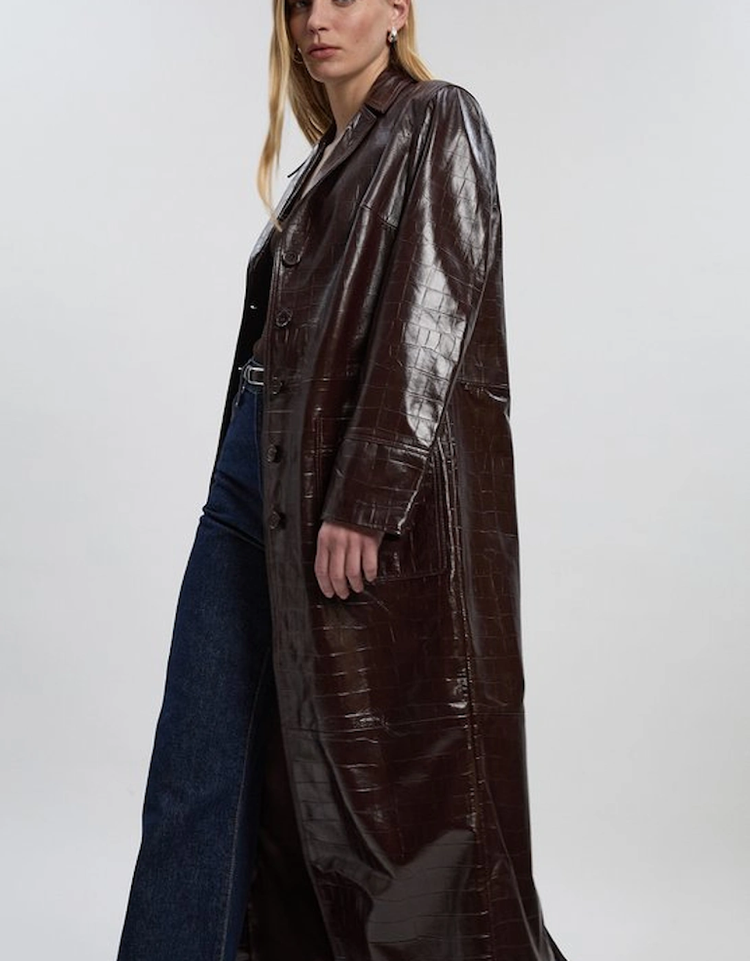 High Shine Croc Embossed Leather Belted Trench Coat, 2 of 1