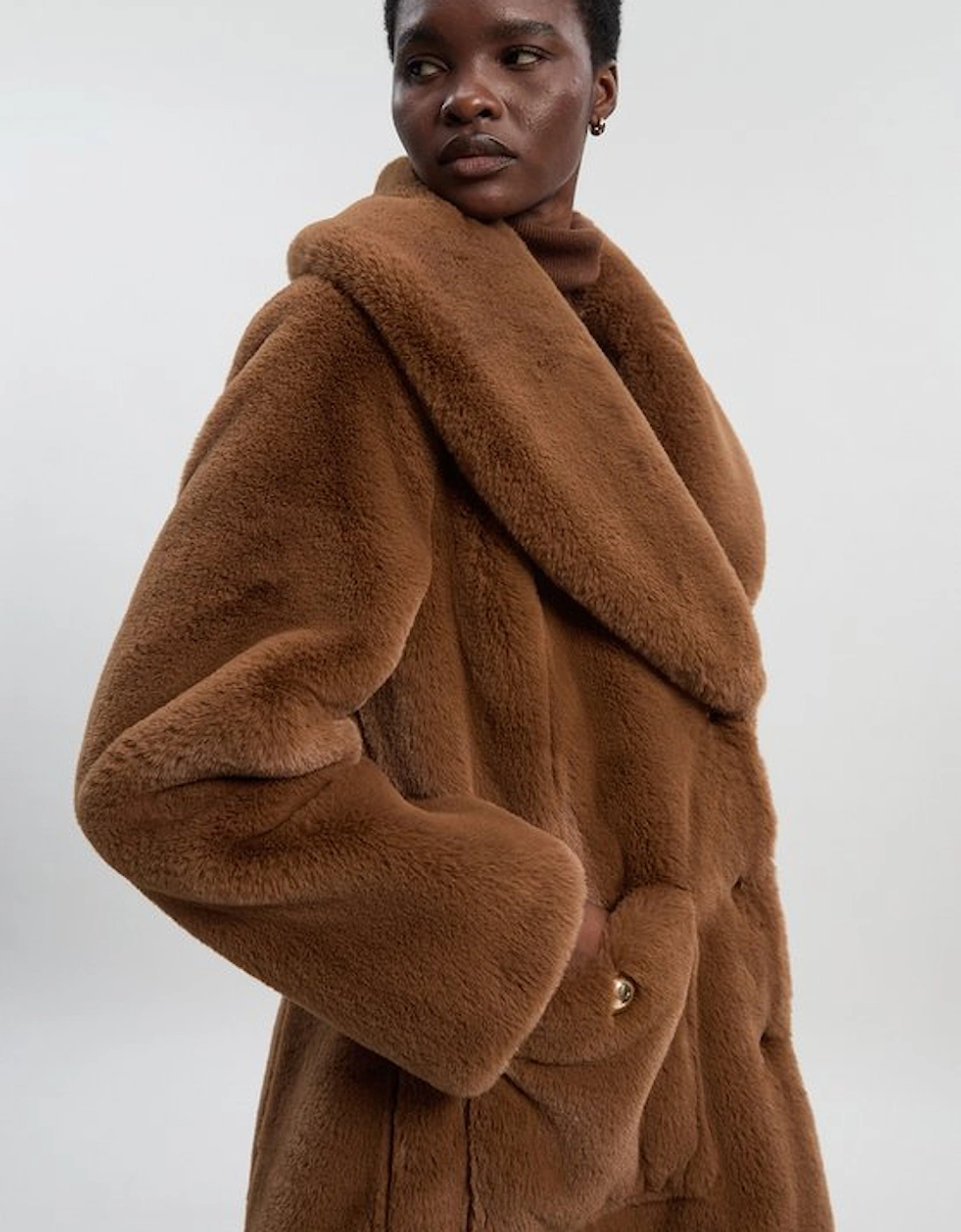 Petite Faux Fur Buttoned Midi Coat