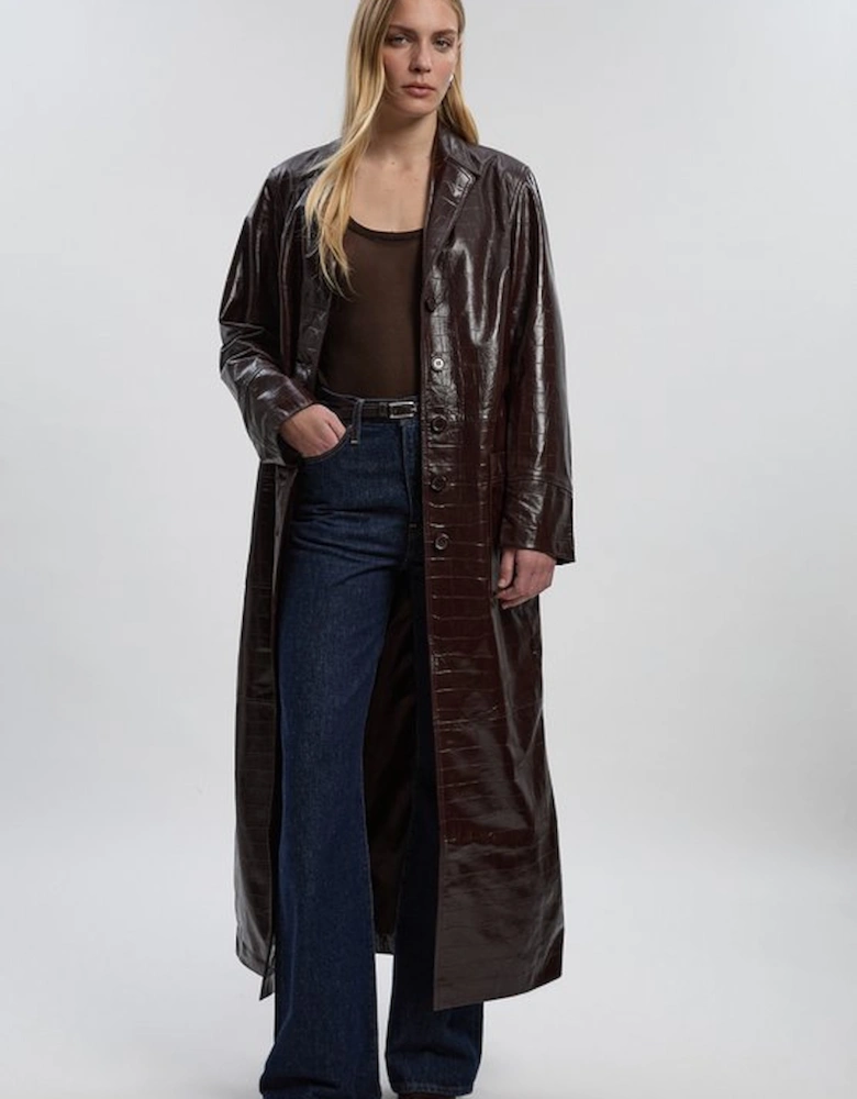 High Shine Croc Embossed Leather Belted Trench Coat