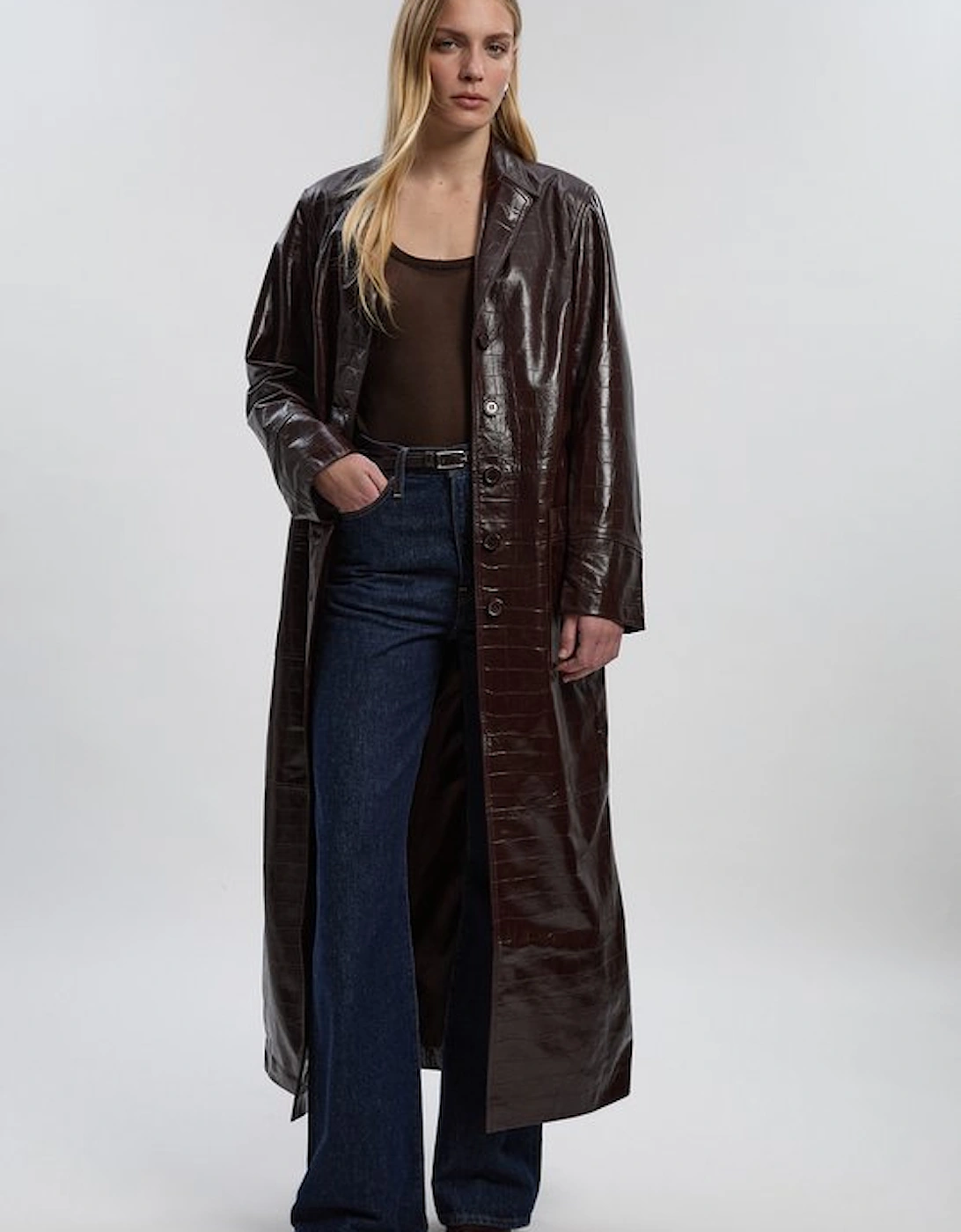 High Shine Croc Embossed Leather Belted Trench Coat