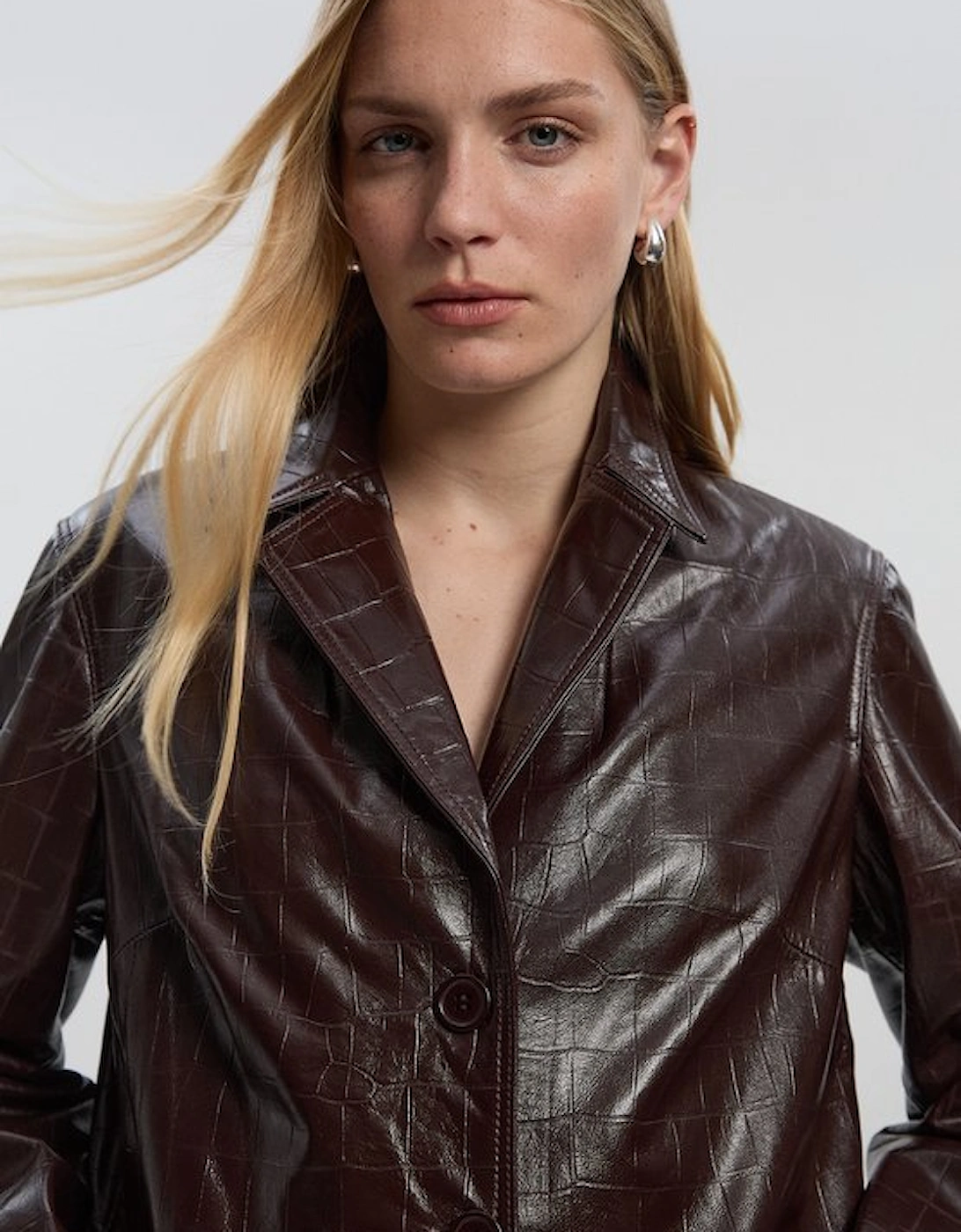 High Shine Croc Embossed Leather Belted Trench Coat