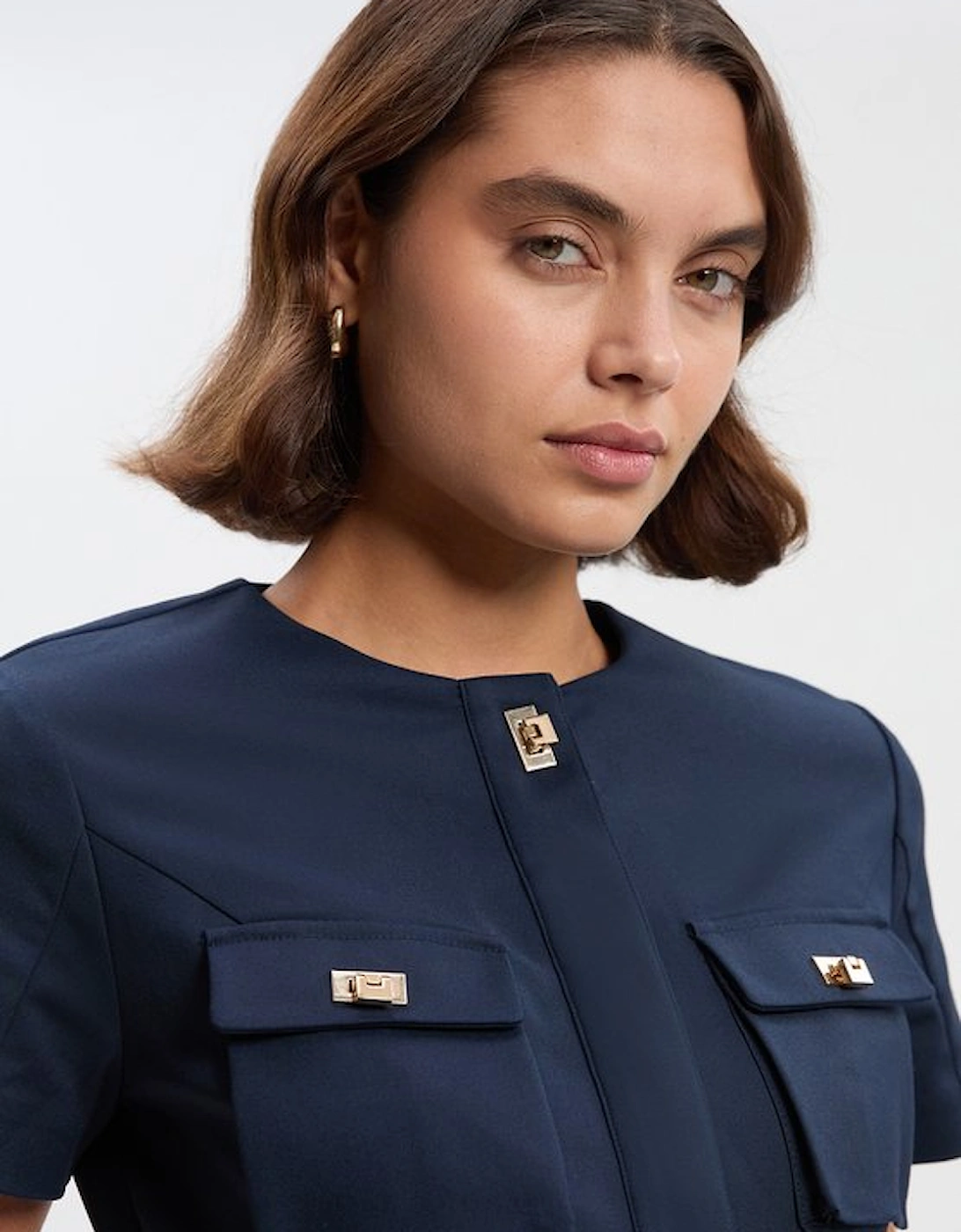 Petite Techno Short Sleeve Hardware Detail Woven Midi Dress