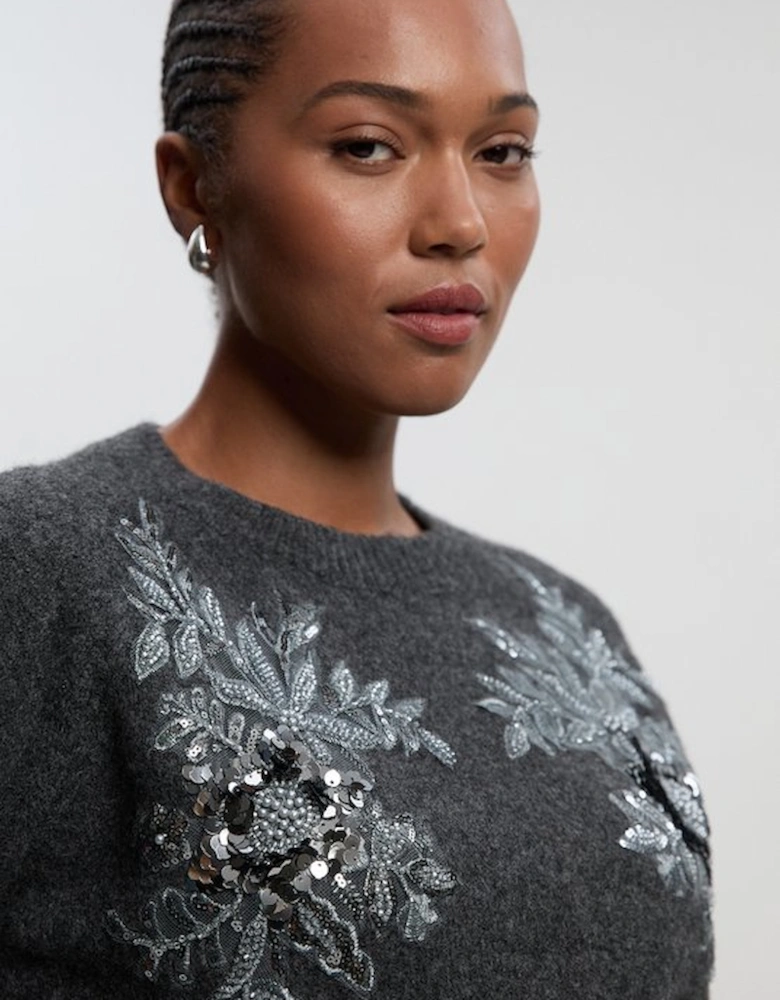 Plus Size Archive Floral Embellished Cosy Wool Blend Top