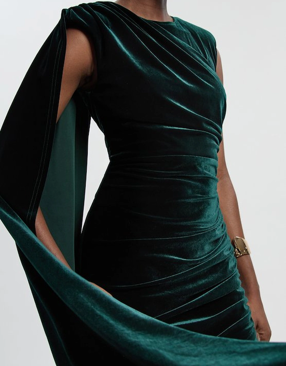 Stretch Velvet Crew Neck Cape Shoulder Maxi Dress