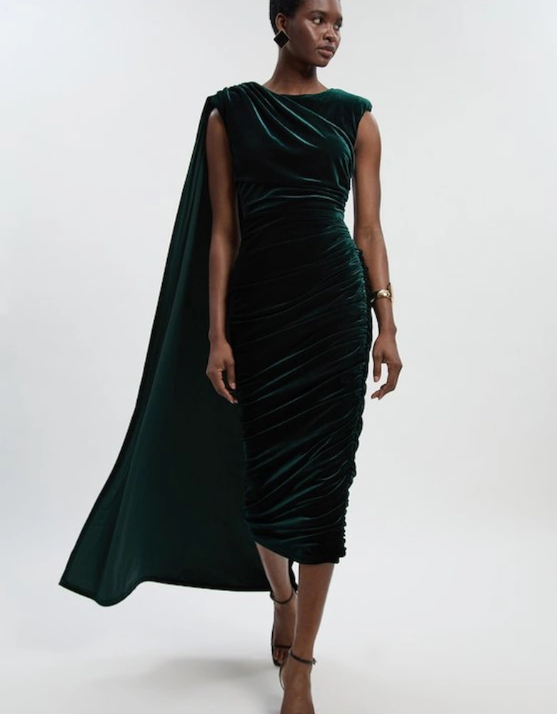 Stretch Velvet Crew Neck Cape Shoulder Maxi Dress