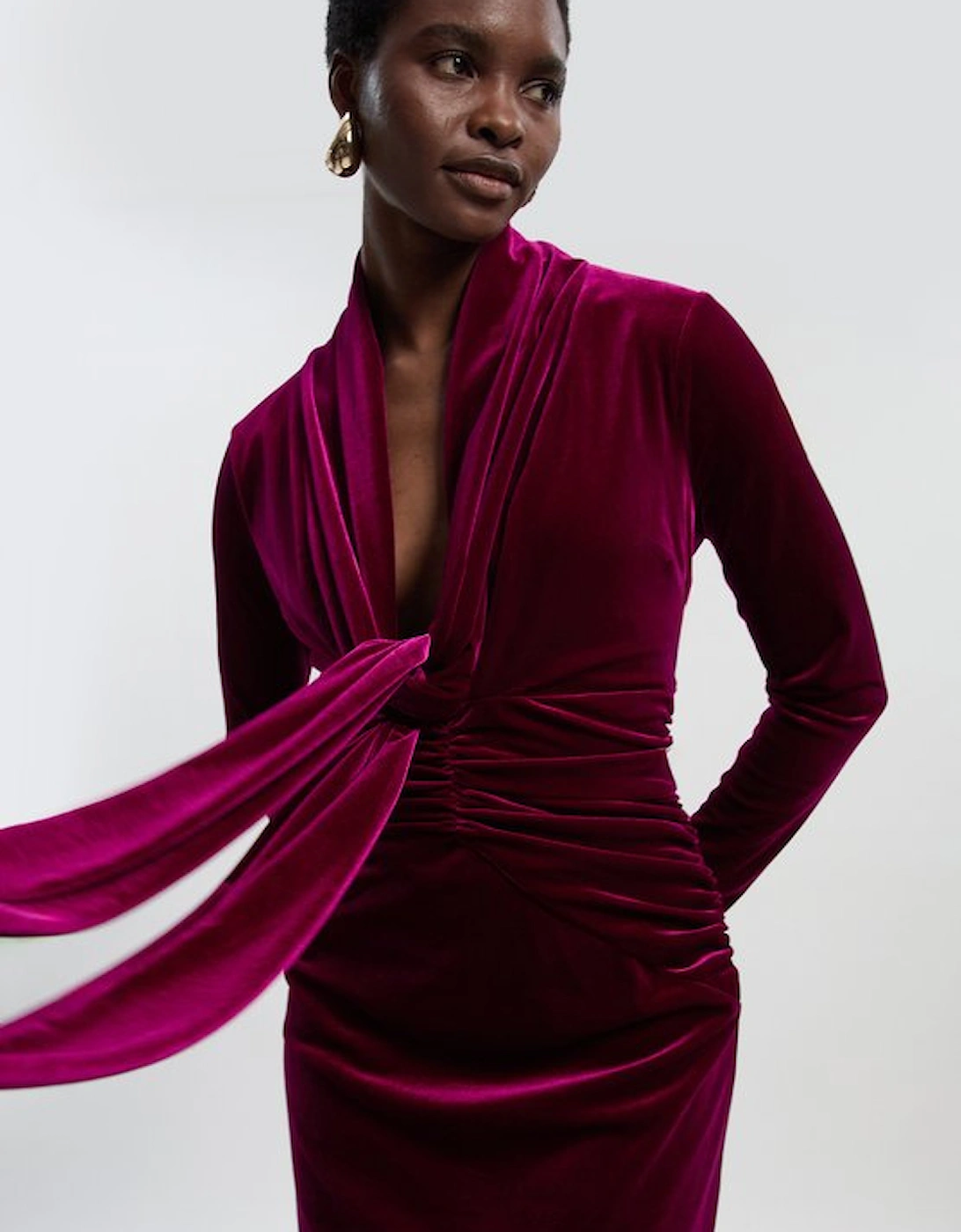 Velvet Long Sleeve Wrap V Neck Maxi Dress, 4 of 3
