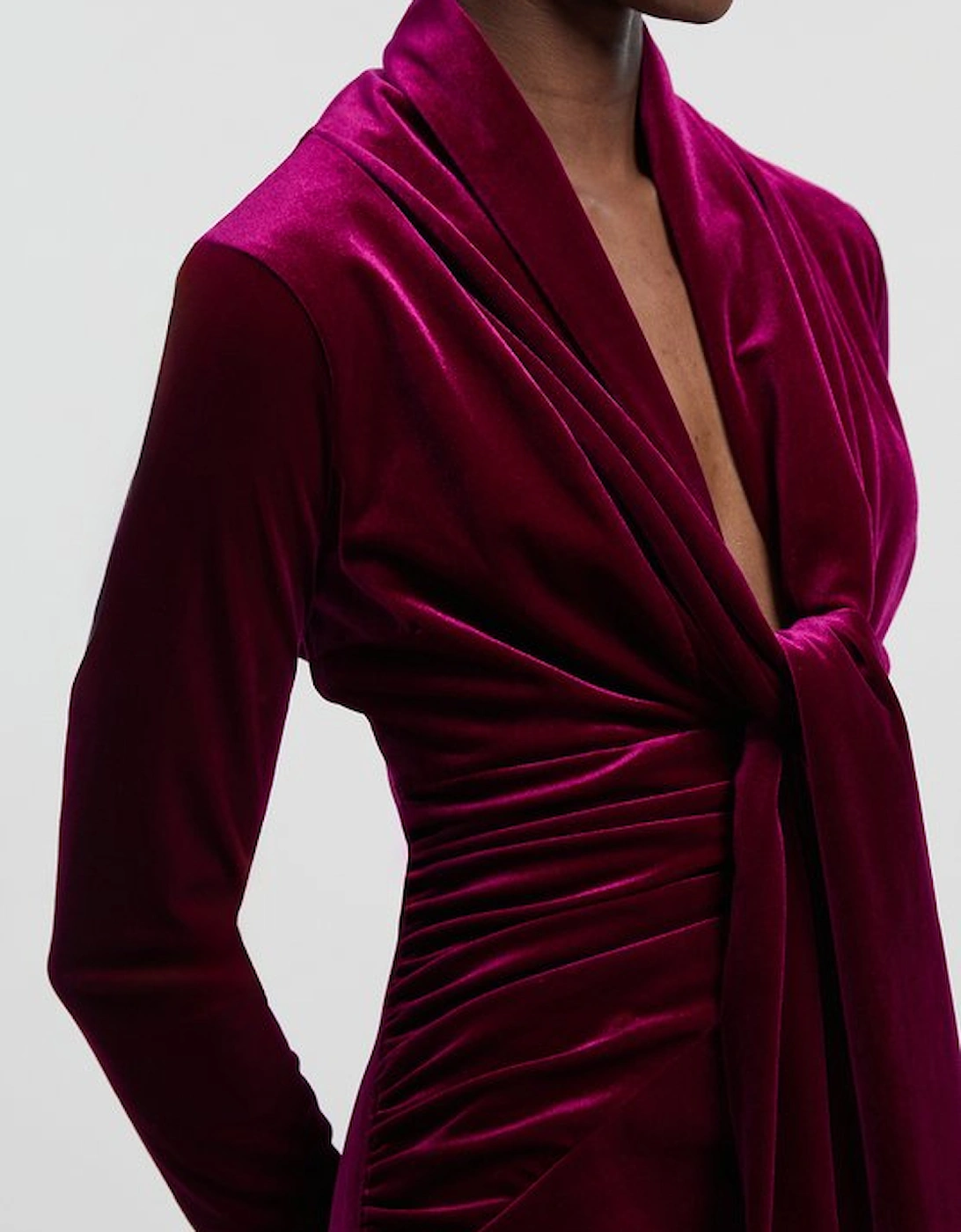 Velvet Long Sleeve Wrap V Neck Maxi Dress