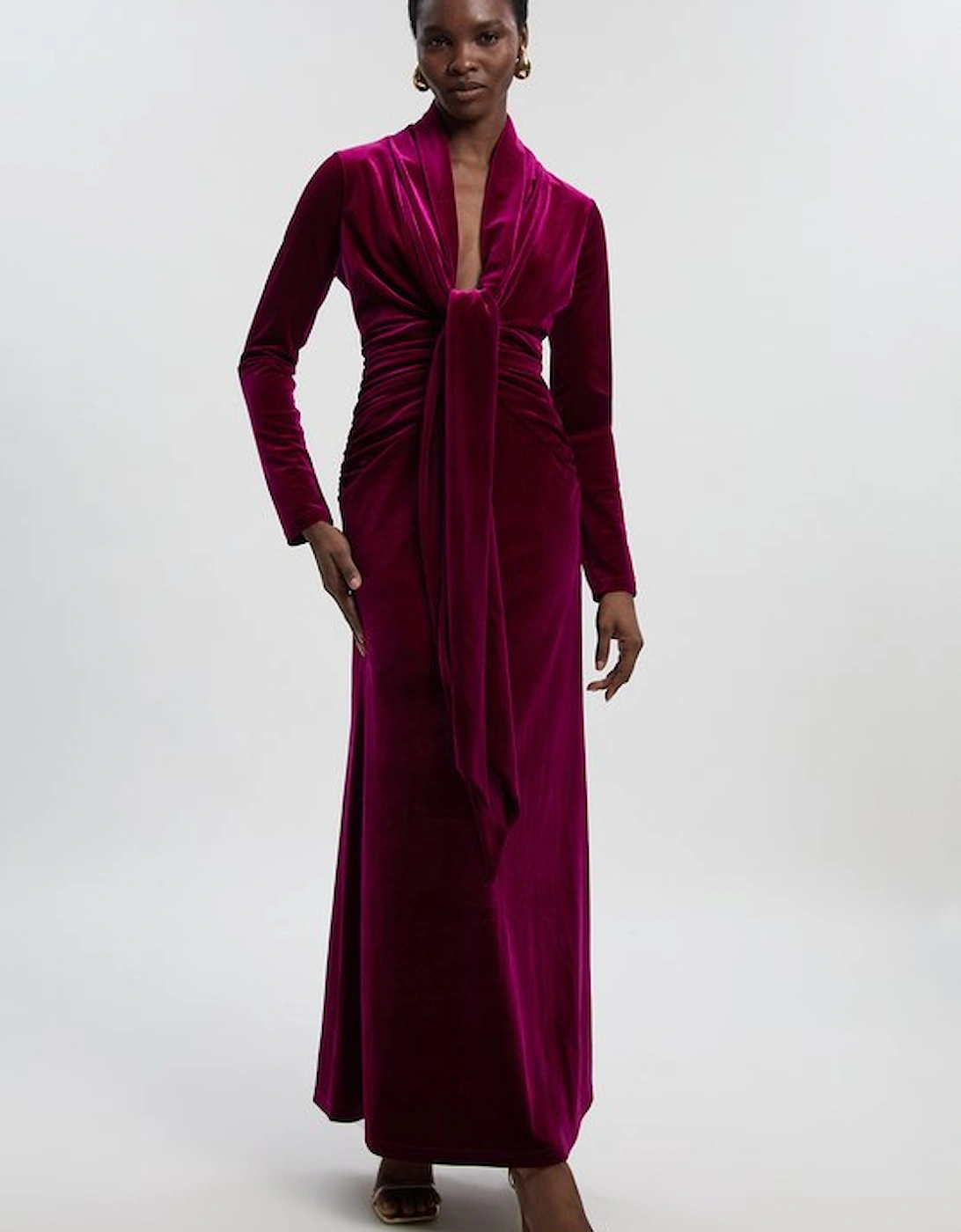 Velvet Long Sleeve Wrap V Neck Maxi Dress