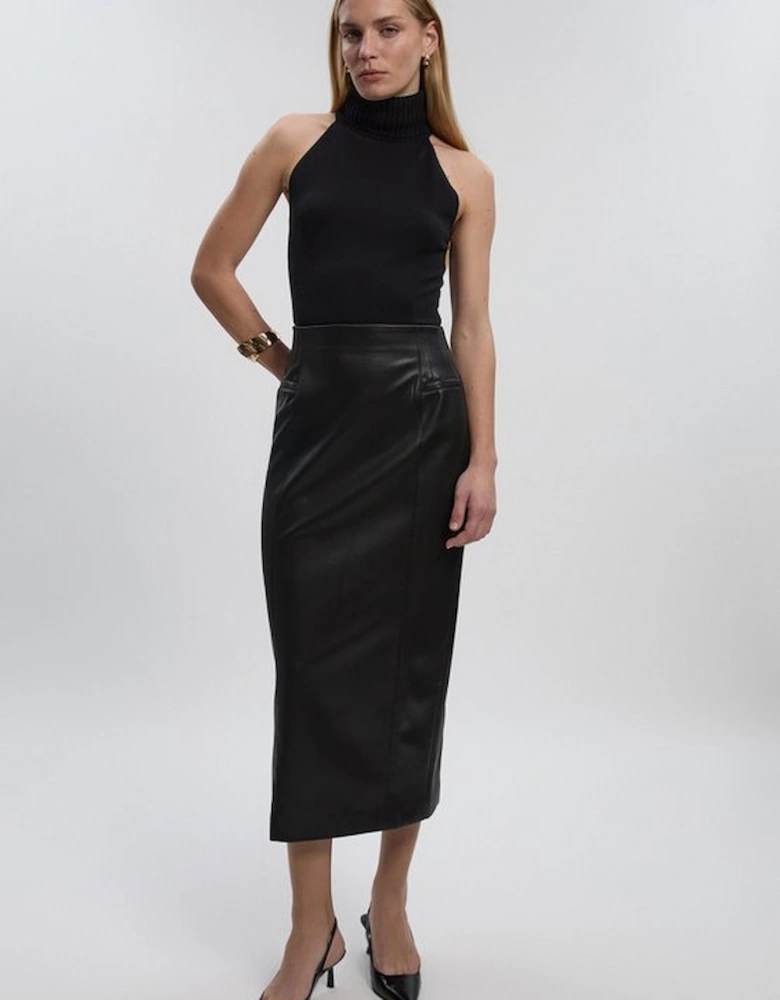 Petite Faux Leather Seam Waist Detail Pencil Midi Skirt