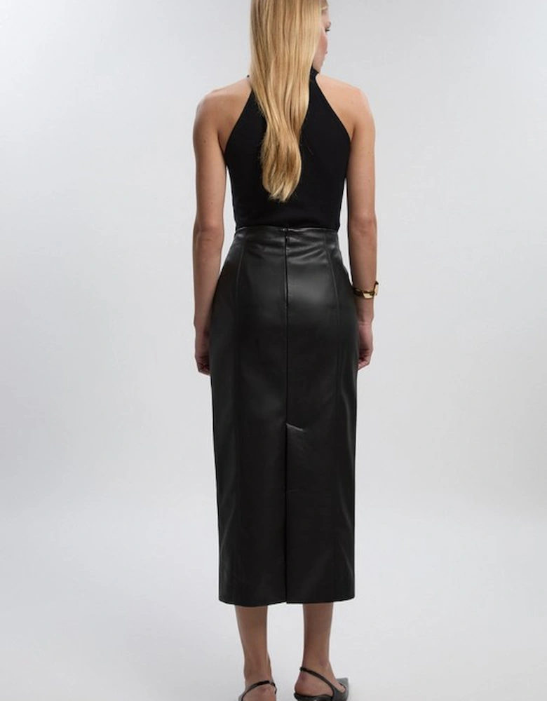 Petite Faux Leather Seam Waist Detail Pencil Midi Skirt