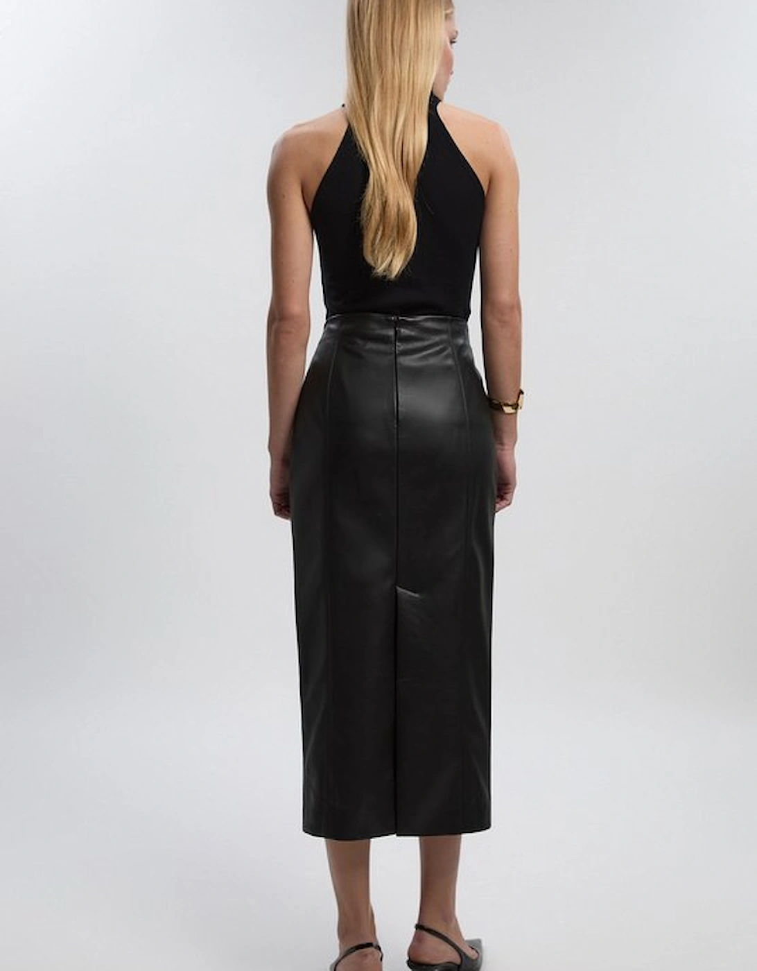 Petite Faux Leather Seam Waist Detail Pencil Midi Skirt