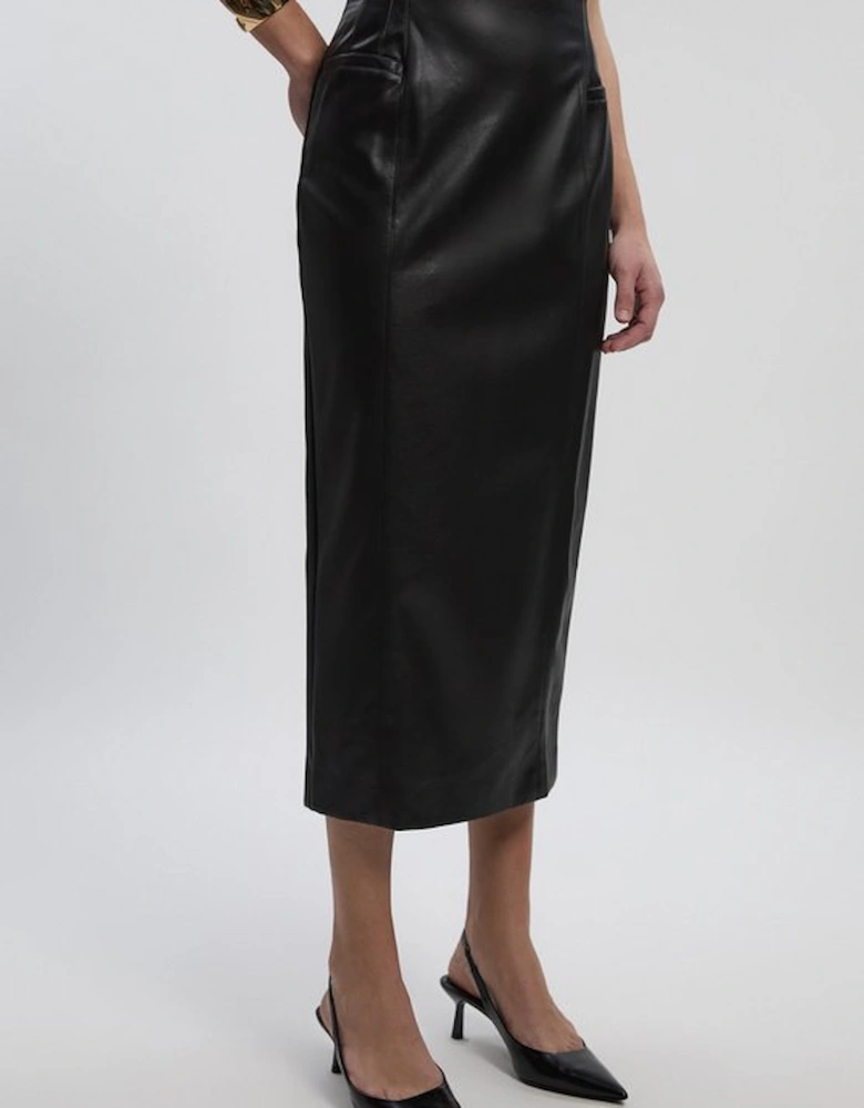 Petite Faux Leather Seam Waist Detail Pencil Midi Skirt