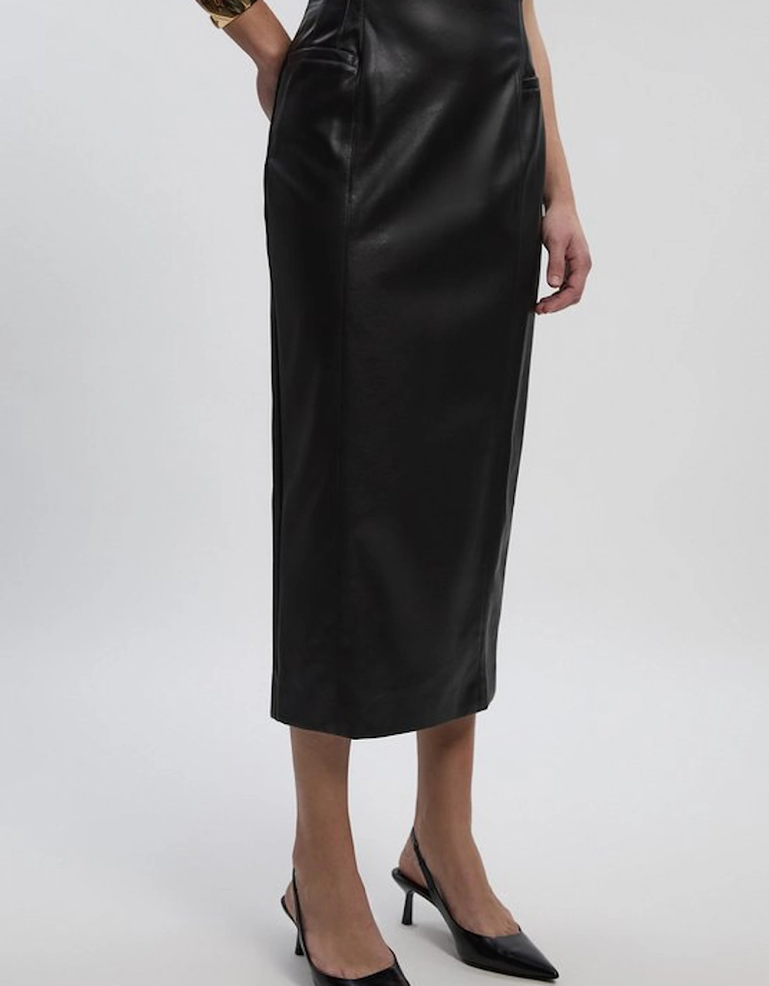 Petite Faux Leather Seam Waist Detail Pencil Midi Skirt