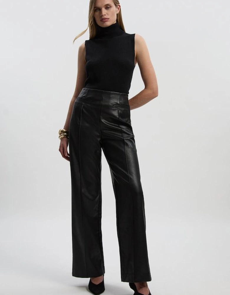 Petite Faux Leather Seam Detail Wide Leg Tailored Trouser