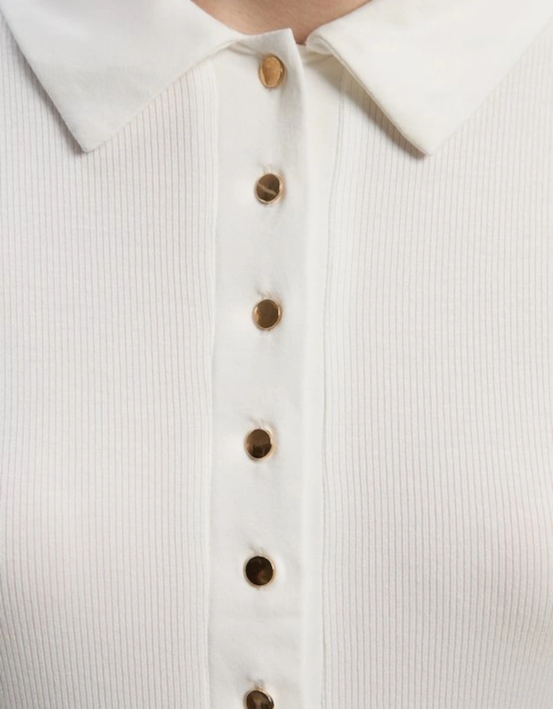 Viscose Rib Jersey Long Sleeve Collared Button Top