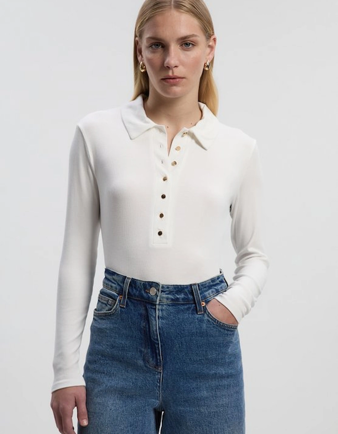 Viscose Rib Jersey Long Sleeve Collared Button Top