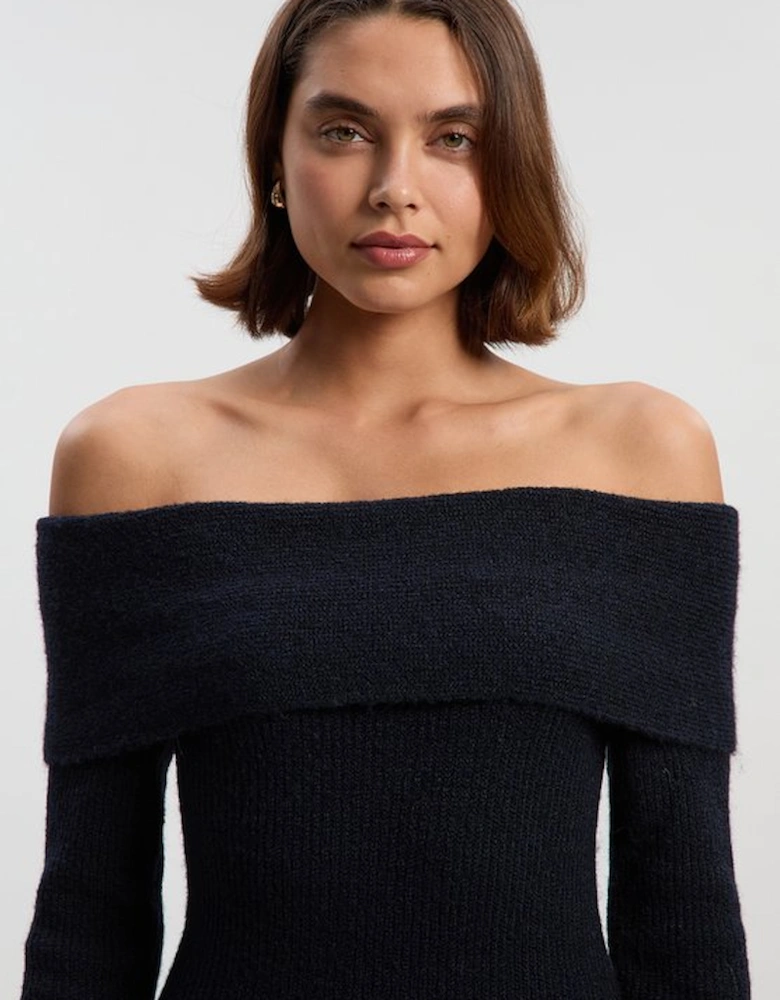 Petite Wool Blend Cosy Bardot Knit Midi Dress