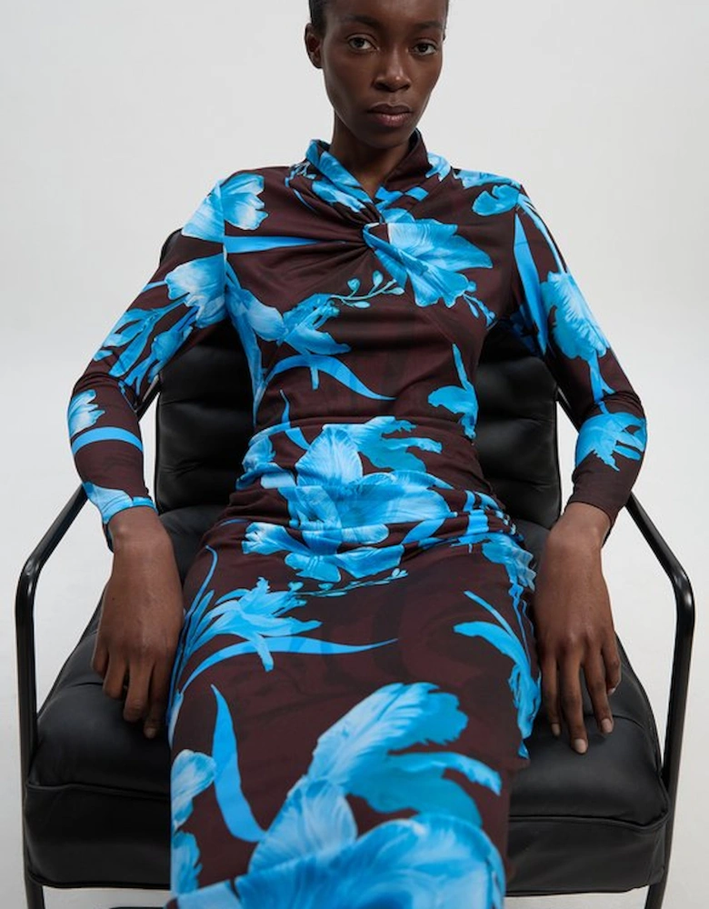 Floral Print Crepe High Neck Midi Dress