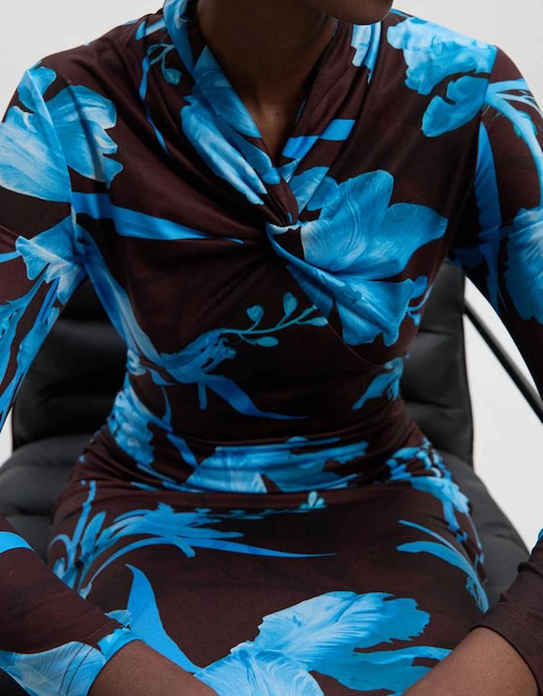 Floral Print Crepe High Neck Midi Dress