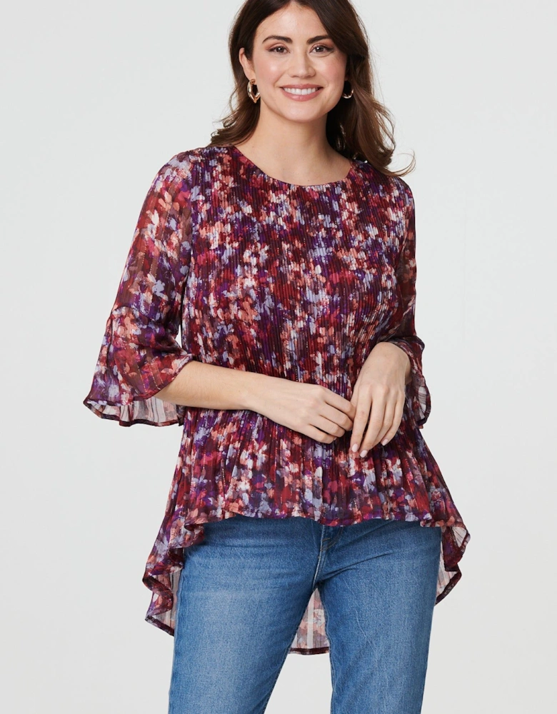 Animal Print Pleated 3/4 Sleeve Blouse