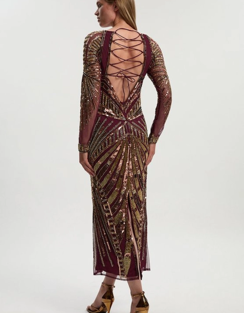 Petite Premium Mirrored Crystal Embellished Woven Long Sleeve Column Dress