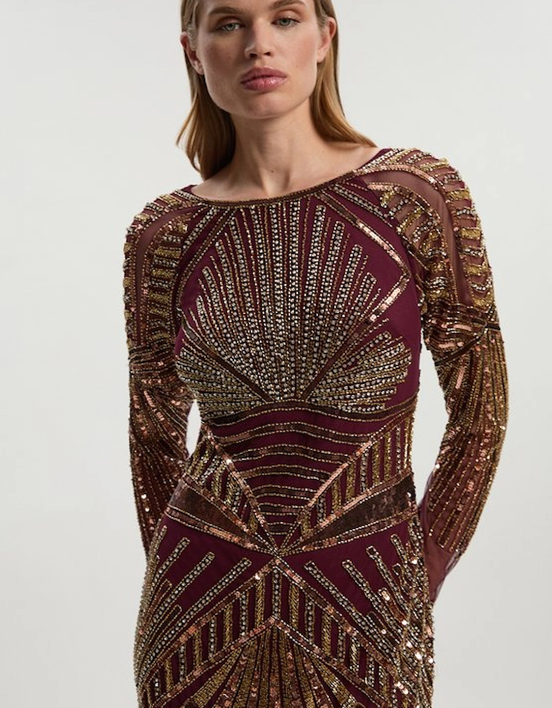 Petite Premium Mirrored Crystal Embellished Woven Long Sleeve Column Dress
