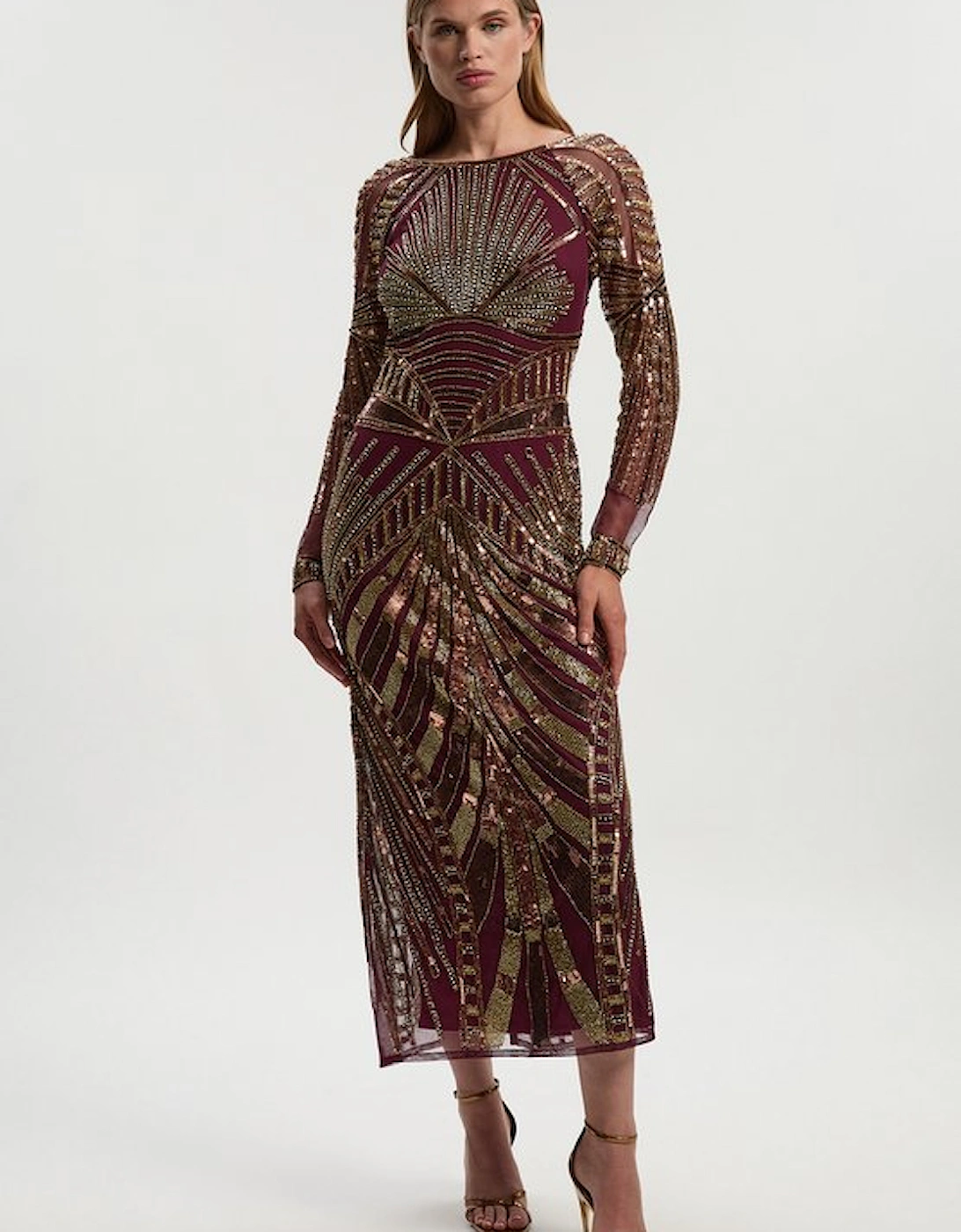 Premium Mirrored Crystal Embellished Woven Long Sleeve Column Dress